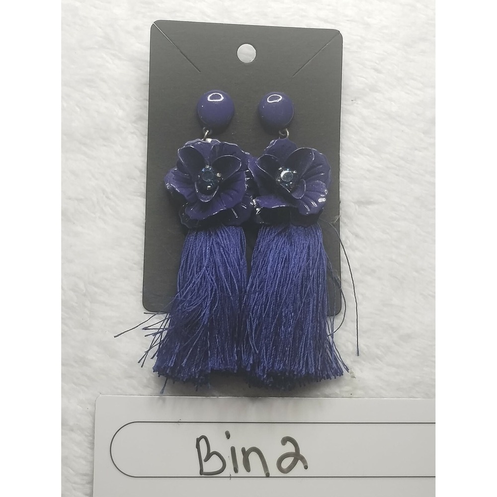 Sugarfix by BaubleBar Navy Blue Floral Tassel Drop Earrings Boho Statement Bin 2 - Picture 6 of 6